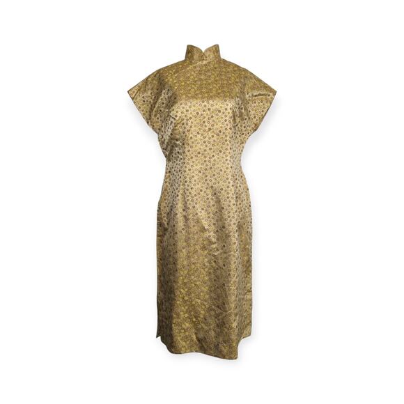 Vintage Midcentury Maple Leaf Golden Shot Silk Brocade Qipao  Pencil Dress S/M - Picture 1 of 12
